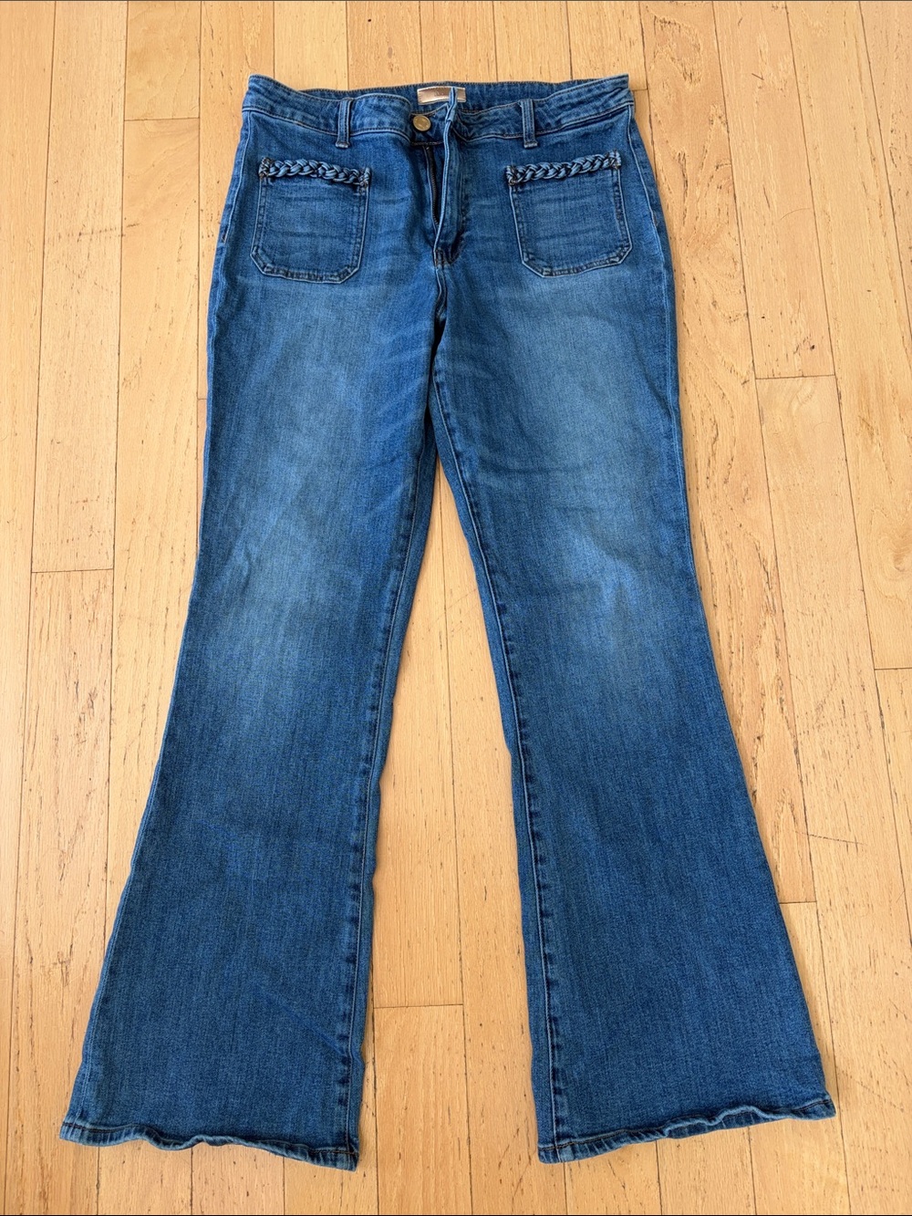 Kut from the Kloth Medium Blue Braided-Pocket Flare Jeans